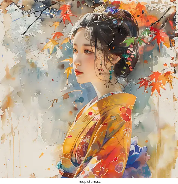 An Asian woman in a kimono with autumn leaves in her hair