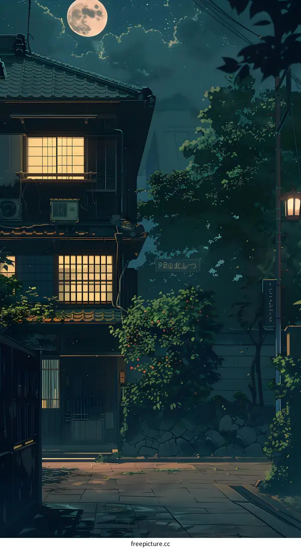Nighttime View of a Japanese House with a Full Moon