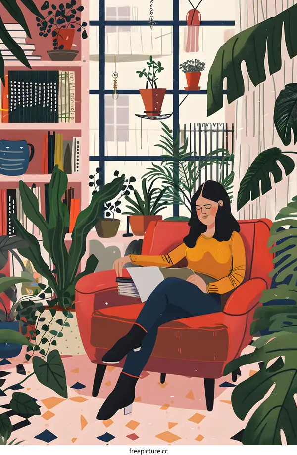 Woman Reading Book in Cozy Living Room with Plants