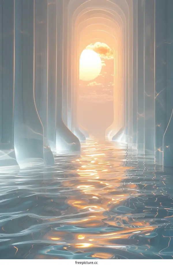 Glowing Columns and Reflective Water Floor in a Futuristic Corridor