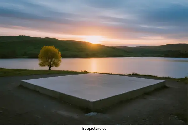 Serene sunset scene by the lake with a single tree and a concrete platform