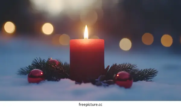 Christmas Candle in Snowy Landscape