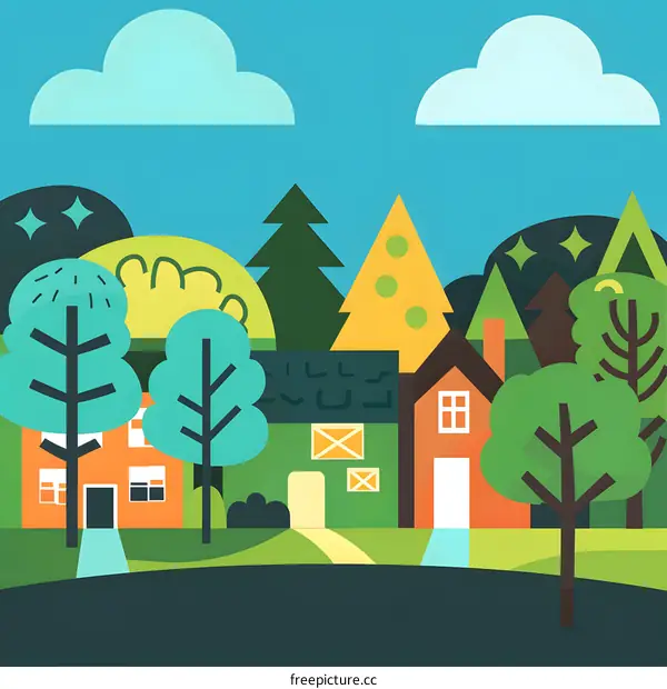 Simple Flat Design Illustration of Houses in a Forest