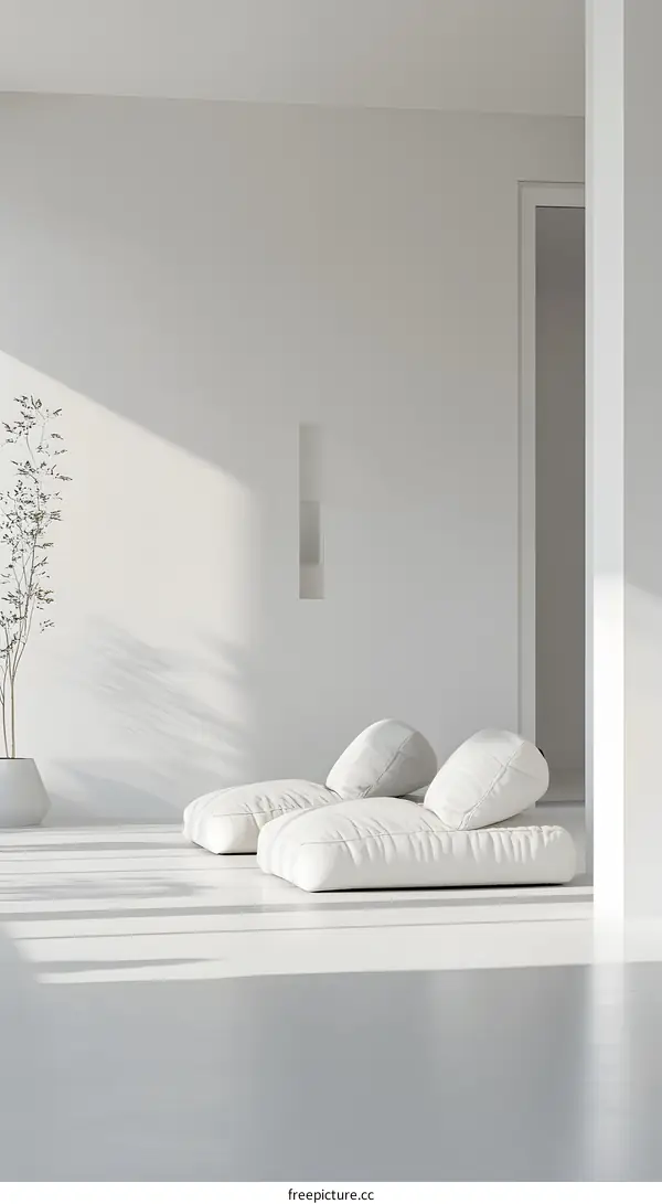 Minimalist White Interior Design with Two Cushioned Seats and Sunlight
