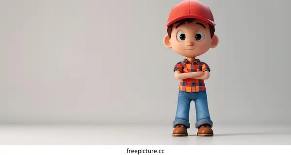 A 3D rendering of a cartoon boy in a red hat and blue jeans