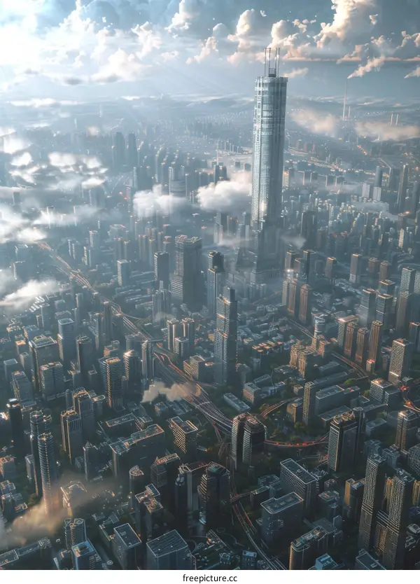 A bird's-eye view of a modern metropolis with towering skyscrapers and highways