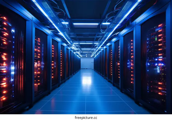 Blue and orange lit server room with no people