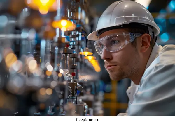 Male Scientist wearing PPE in Manufacturing Facility