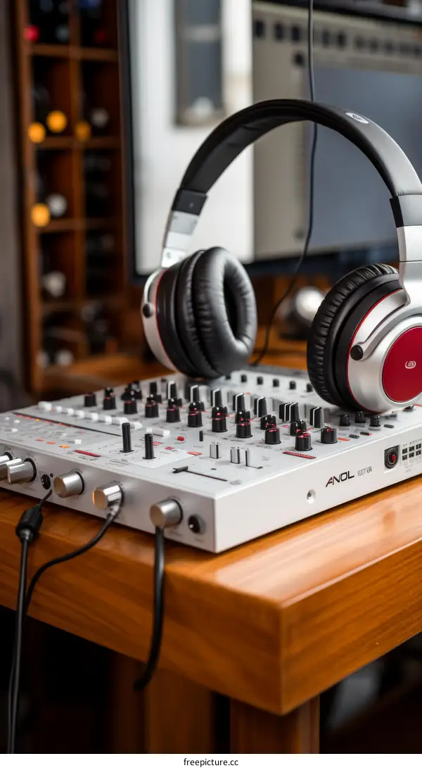 Black and silver headphones on a silver and black audio mixer