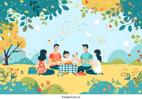 Happy Family Picnic in Springtime Nature