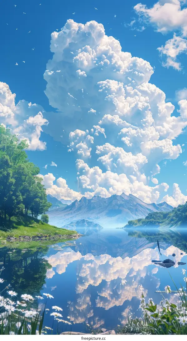 Serene Mountain Lake Landscape with Vibrant Blue Sky