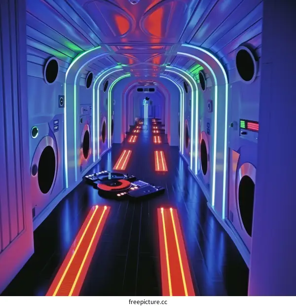 Futuristic spaceship corridor with glowing neon lights and a turntable in the center