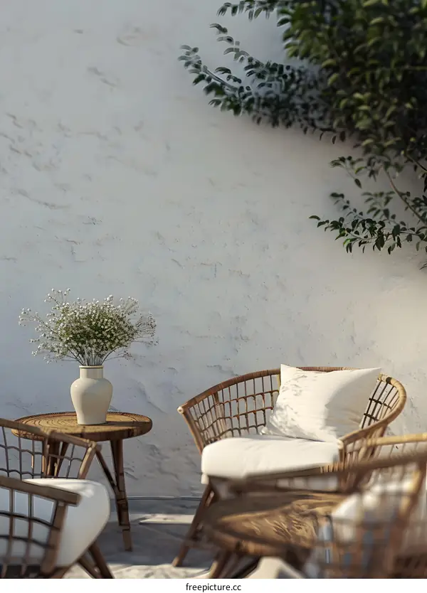 White Wall Patio With Wicker Chairs And Flowers