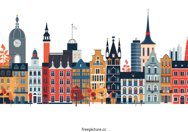 Colorful Illustration of a Cityscape with Buildings and Trees
