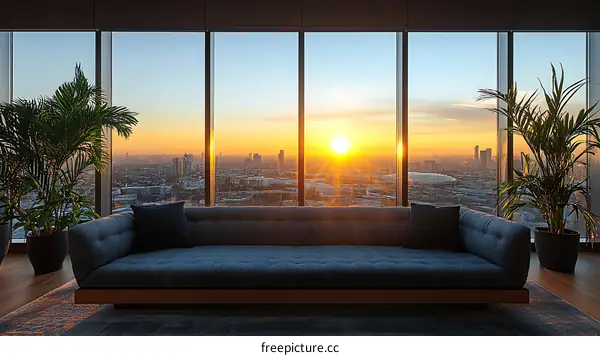 High-rise Apartment Lounge View of Sunset Cityscape