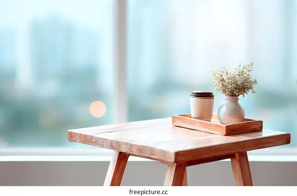 Wooden Table with Decor and Blurry Window View