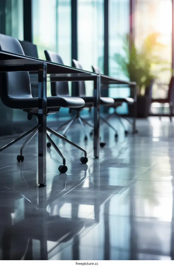 Office chairs in a modern office building with large windows