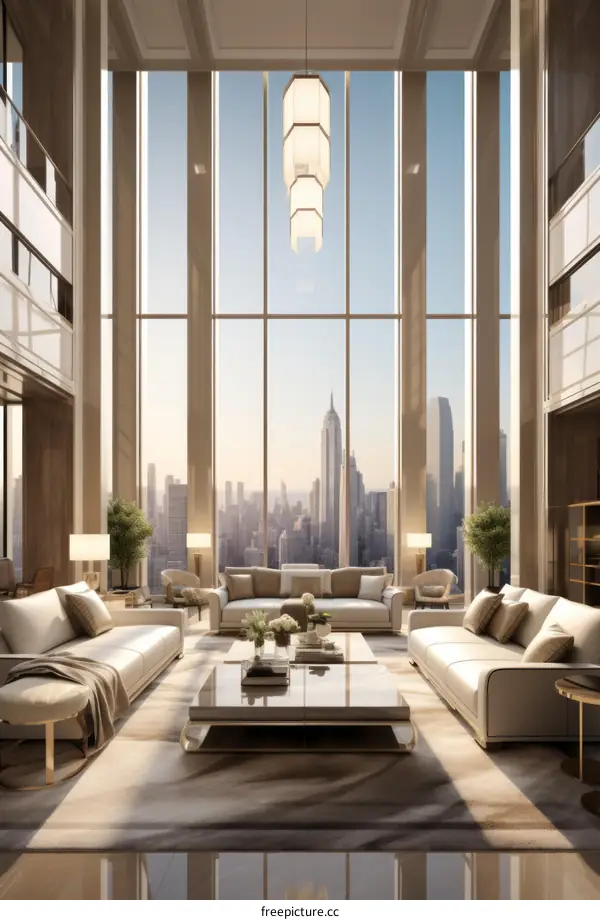 Modern luxury living room with stunning city view