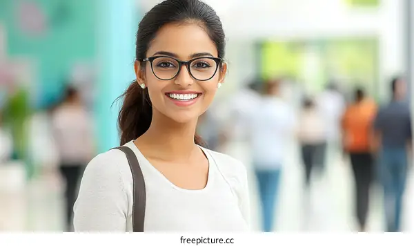 Happy Young Woman with Glasses in a Busy Place
