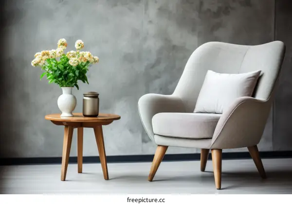 Minimalist Living Room with Comfy Armchair and Small Round Table with Flowers