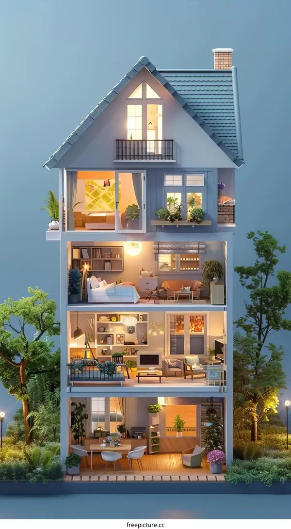 A cutaway illustration of a three-story house