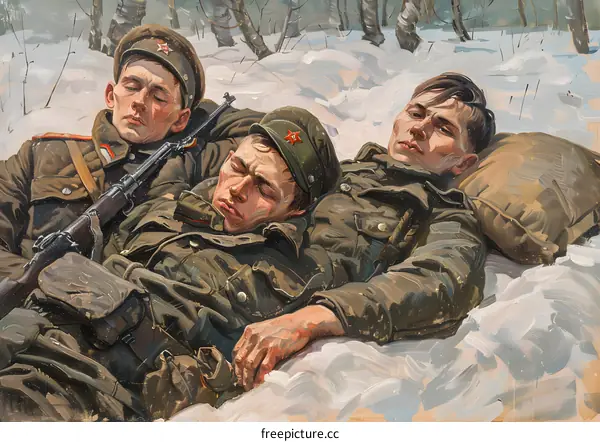 Three soldiers sleeping in the snow