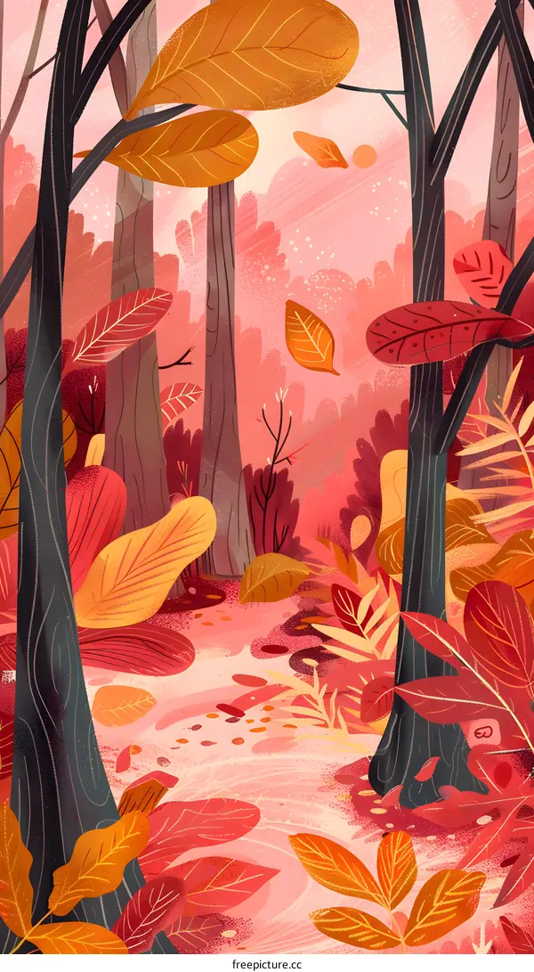 Autumn Forest Illustration with Red and Yellow Leaves