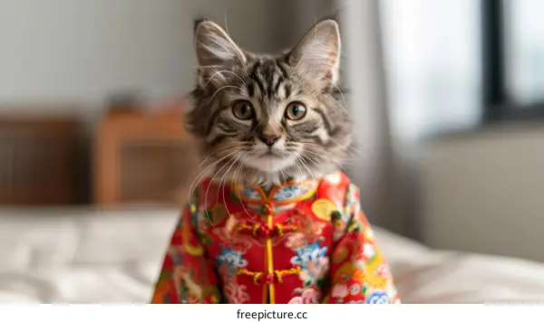 A cute cat wearing a traditional Chinese outfit