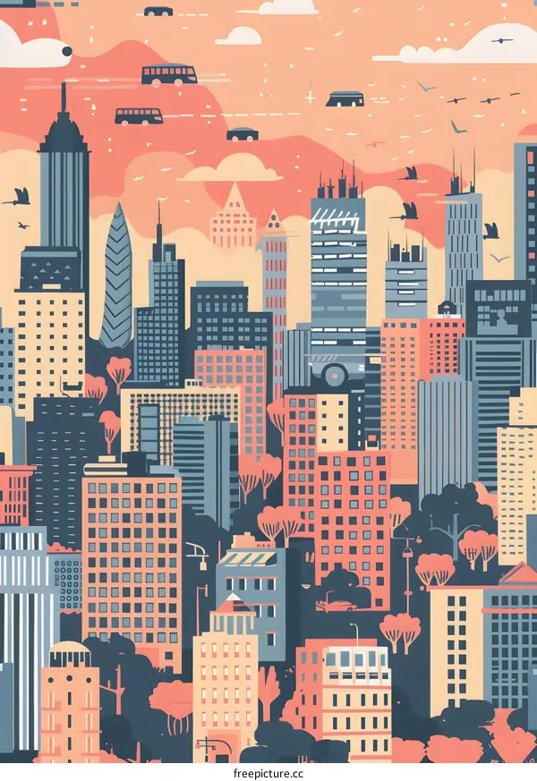 Cityscape Illustration with Buildings and Buses