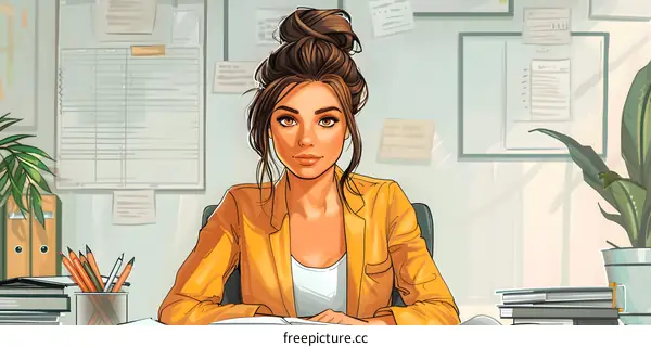 businesswoman sitting at her desk looking at the camera