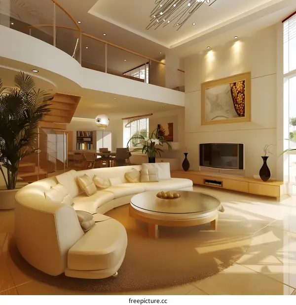 Modern Living Room Design With Curved Sofa And Glass Table