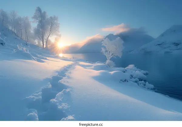 The sun rises over a snow-covered lake, casting long shadows across the snow