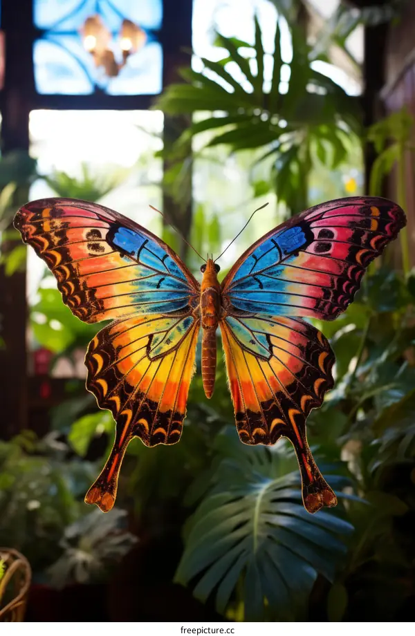Vibrant Blue, Orange, and Yellow Butterfly on Glass Window