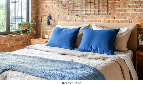Cozy Bedroom with Brick Wall and Blue Pillows