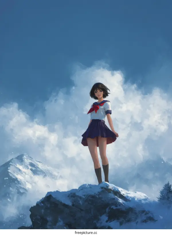 Anime Girl Standing on Snowy Mountain Top