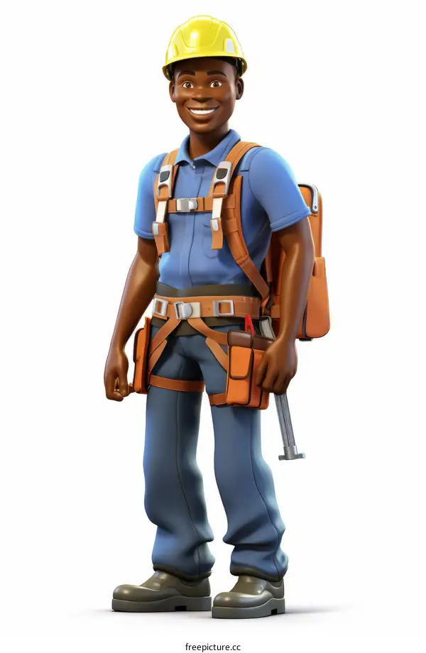 Black construction worker wearing hardhat, tool belt, and safety harness