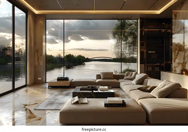 The view of river and bridge from the living room with large glass windows