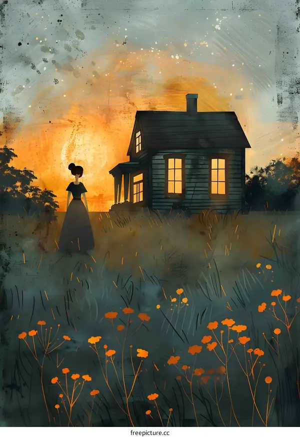 Woman Standing In Front Of A House At Dusk