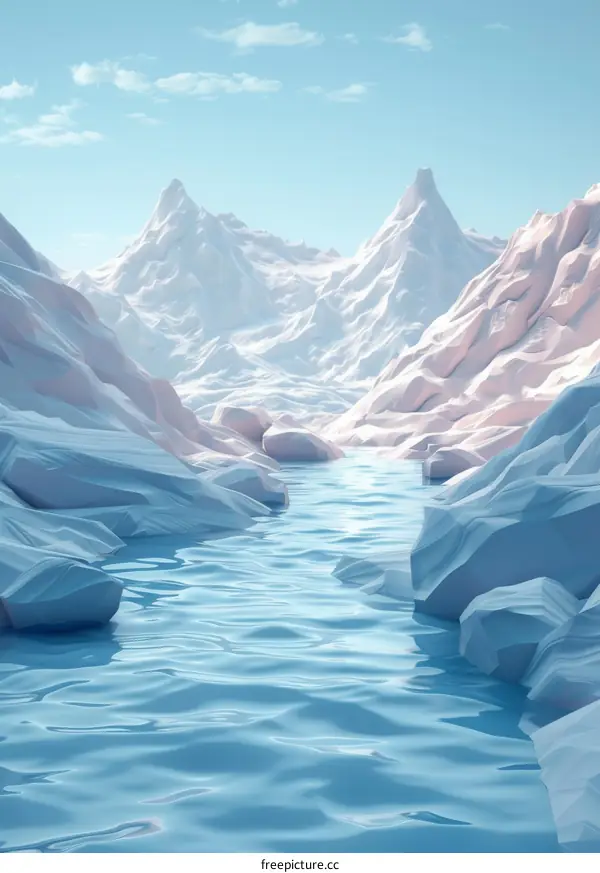 Frozen Mountain Valley with Ice Formations and a Flowing River