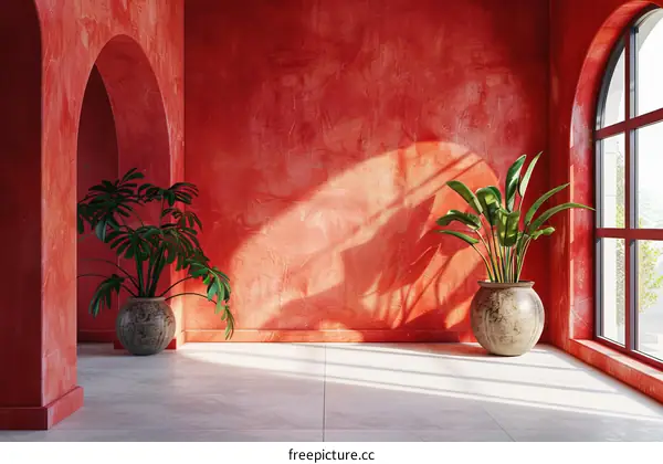 Red Interior Design with Tropical Plant