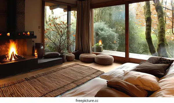 A cozy living room with a fireplace and a view of the forest