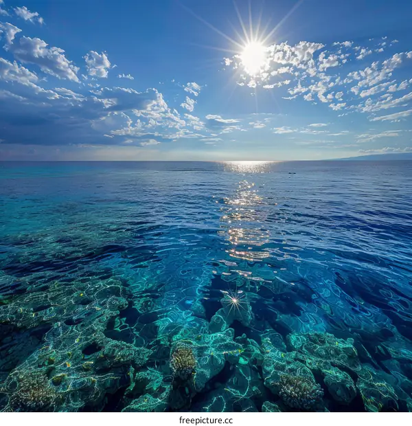 Crystal Clear Blue Ocean Water and Coral Reefs Bathed in Sunlight