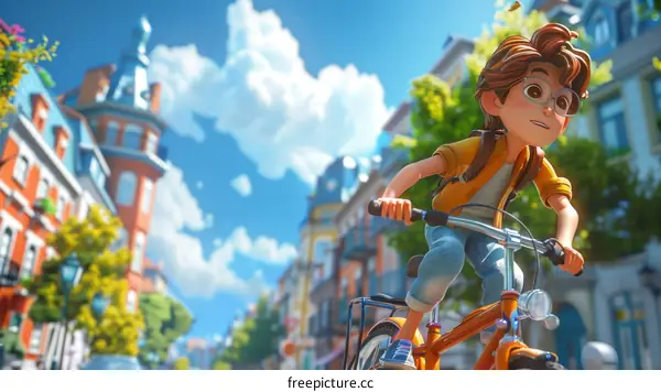 boy riding bicycle in city street