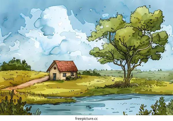 Watercolor Painting of a Rural Cottage with a Tree