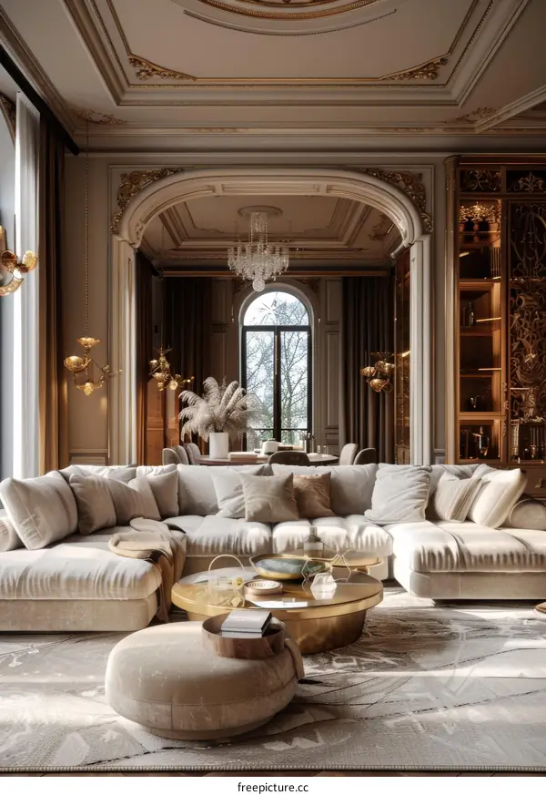 Modern Interior Design Living Room with White Sofa and Gold Accents