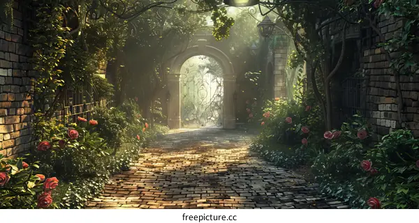 Mystical Garden Path with Ancient Stone Archway