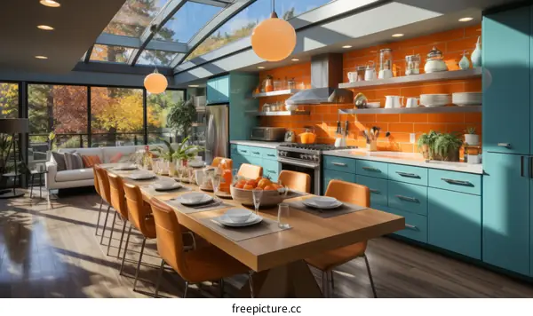 Blue and orange kitchen with large windows