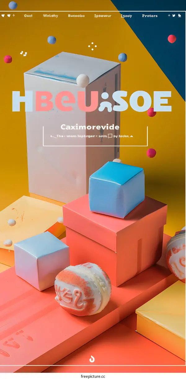 Colorful Boxes and Round Objects on Yellow and Blue Background