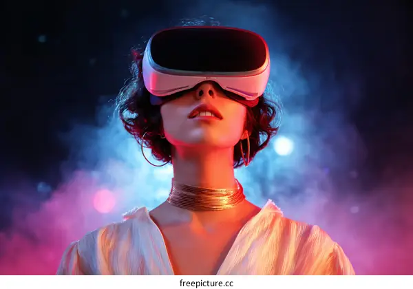 Woman Wearing VR Headset in Futuristic Setting