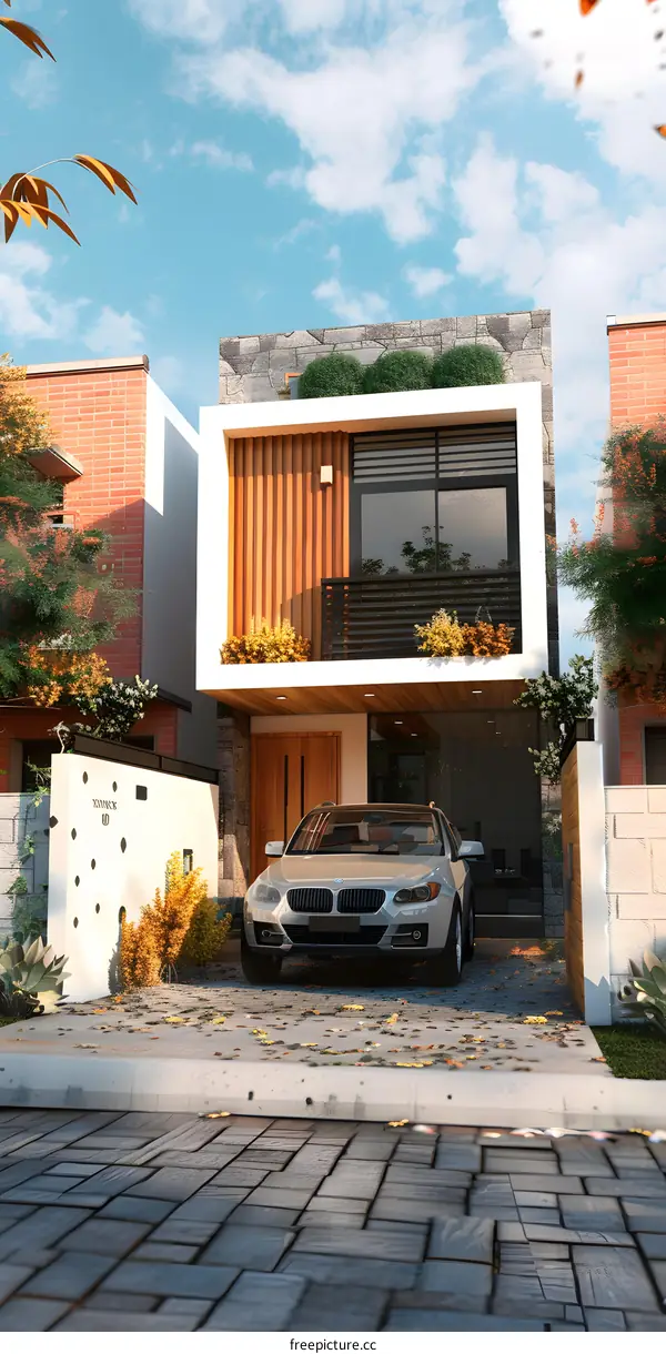 Modern House Design with Wooden Facade and Car